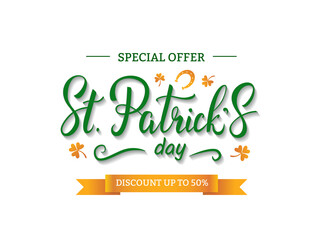 Saint Patrick's Day sale banner design template with beautiful handwritten lettering, horseshoe and clover on white background