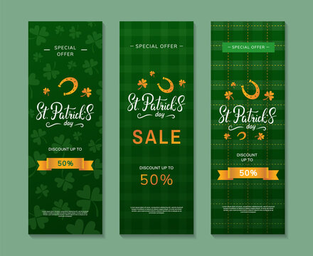 Set of vertical posters for St. Patrick's Day sale. Flyer or web banner design template with handwritten lettering, text, horseshoe and clover symbols. - Vector illustration