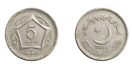 Pakistan five rupee coin on a white isolated background