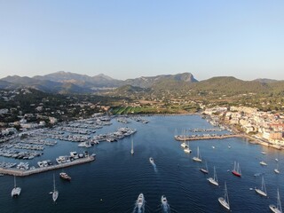 Aerial view of Andraxt in Mallorca. Amazing view of the coast with the port, yacht, boat, vessel...