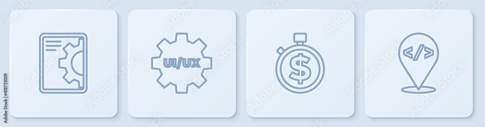 Wall mural set line web development, time is money, ui or ux design and front end. white square button. vector.