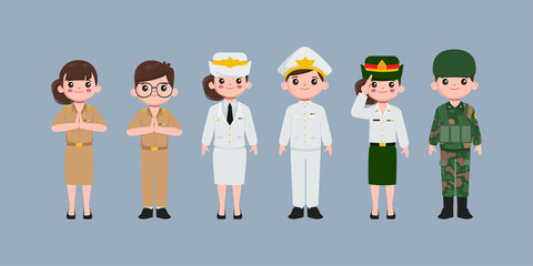 Thai teacher, air force, soldier and government uniform character. People in government job character.