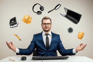 Businessman with many hands in a suit. Works simultaneously with several objects, a mug, a...