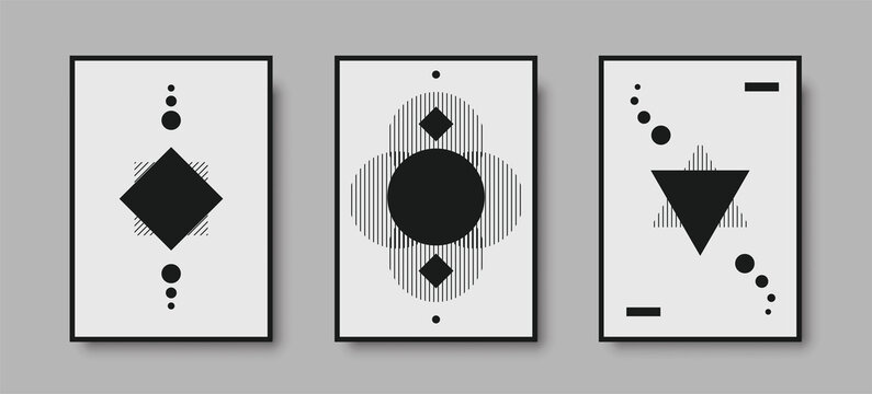 Abstract geometric mid century wall art print set. Black and white poster with geometric shapes for wall art, interior gallery. Artwork for wall decor with neutral colors,minimal. Vector illustration