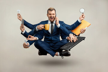 Businessman with many hands in a suit. Works simultaneously with several objects, a mug, a magnifying glass, papers, a contract, a telephone. Multitasking, efficient business worker concept. - obrazy, fototapety, plakaty