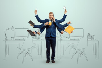 Businessman with many hands in a suit. Works simultaneously with several objects, a mug, a...