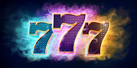 Casino background with bright colors with 3d numbers 777 on dark background...