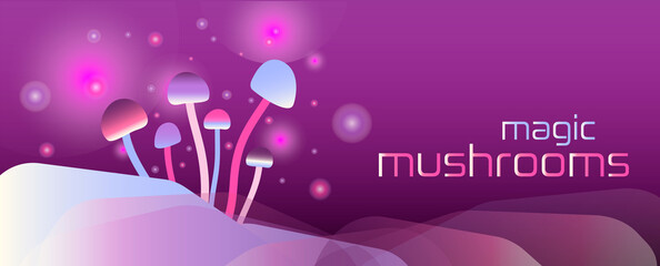 Horizontal banner with shiny magic unreal mushrooms and sparks on dark blurred purple background. Vector illustration
