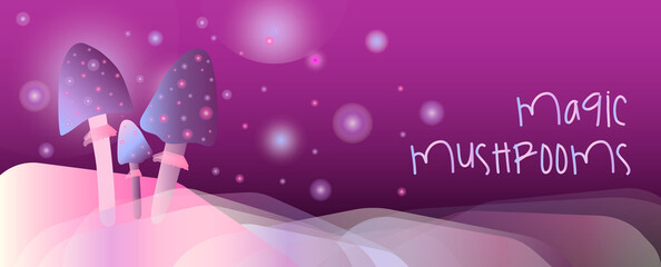 Horizontal banner with shiny magic unreal mushrooms and sparks on dark blurred purple background. Vector illustration