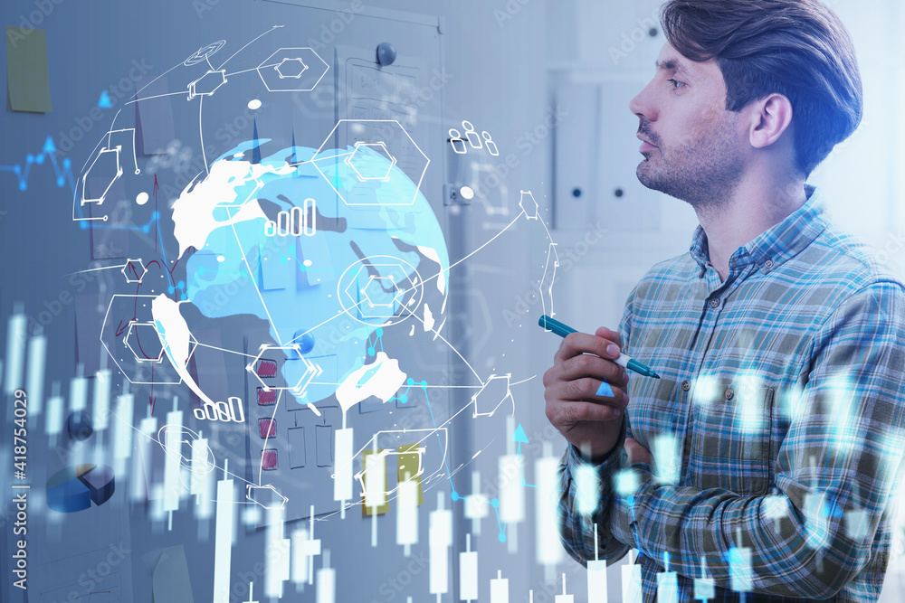 Poster side view portrait of trader man is pondering about market behav