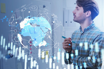 Side view portrait of trader man is pondering about market behav