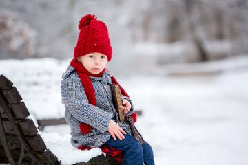 Beautiful toddler child, cute boy, playing in snowy park winter time