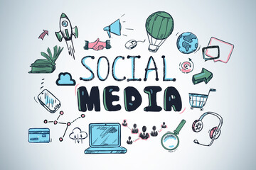 Set of social media sketch including range of icons such as laptop, bubble, magnifying glass, rocket, globe, arrow phone, credit card. Drawn on wall. illustration