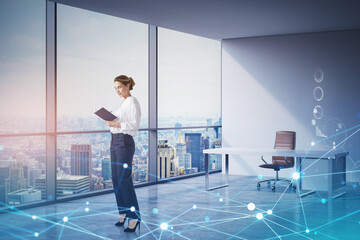 Attractive businesswoman in formal wear standing in panoramic Ne