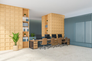 Blue and orange office room with furniture