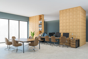 Blue and orange office room with tables and shelves