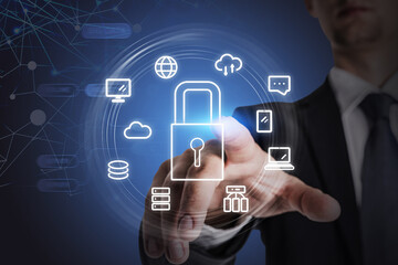 Businessman touch hud with lock and icons