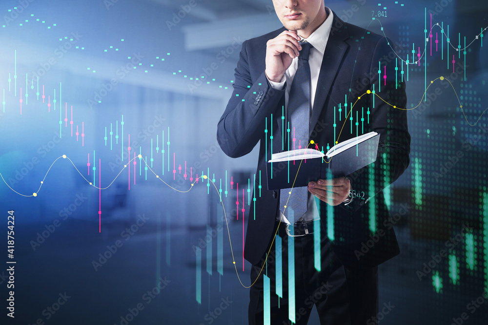 Poster businessman, trader checking his previous prediction about stock
