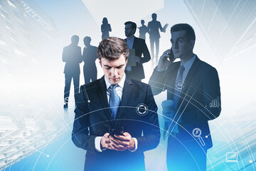 Silhouettes of diverse business people, double exposure of netwo