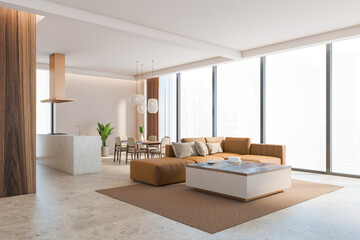 Living room with light furniture and panoramic window