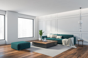 White living room with blue-green furniture, decoration and window