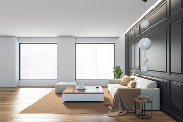Grey living room with furniture, decoration and window