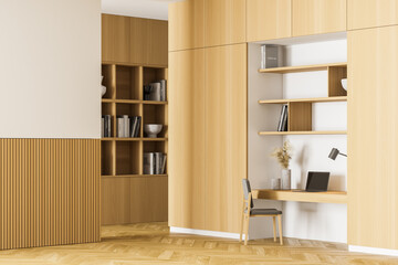 Fototapeta premium Home office. Cabinet interior with table, a bookshelf, a chair and computer. Work at home concept. 3d rendering. No people.