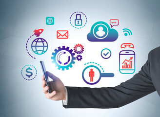 Businessman with smartphone and network data icons