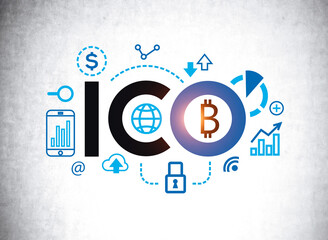 Illustration of ICO sketch on concrete wall symbolizing initial coin offering procedure and...