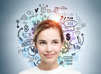 Woman smiling with icons sketch drawn on the wall