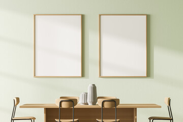 Two mock up posters frame in modern interior background, dining room with table and chairs. 3D rendering