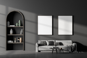 Two mock up posters frame in modern interior background, dark grey living room with sofa, bookshelf. 3D rendering