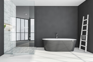 Naklejka na ściany i meble Dark bathroom with bathtub and glass shower