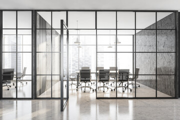 Meeting room with furniture and city view