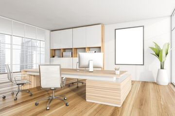 Mockup frame in wooden and white manager room with furniture