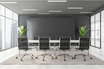 Black and white conference room with furniture and window