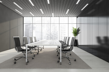 Black and white conference room with furniture and window