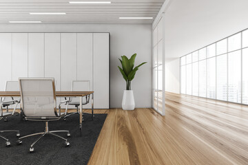 Wooden and white conference room with furniture and business hall