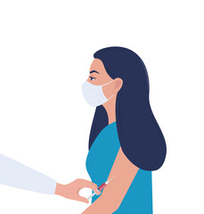 Vector illustration. Doctor injects vaccine in patient's shoulder. For medical publications, immunization and vaccination campaign of people against infection, bacterial disease. Vector illustration.