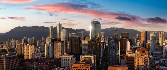 Aerial Panoramic View of the beautiful modern downtown city buildings. Vancouver, British Columbia,...