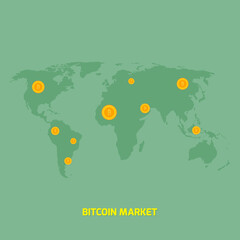 bitcoins on world map illustration - money transfer
