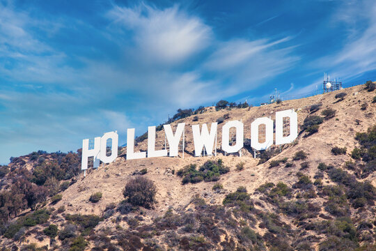 Hollywood sign in Los Angeles on blue sky