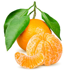 Isolated tangerines. One whole tangerine fruit with leaves and peeled citrus segments isolated on white background with clipping path 