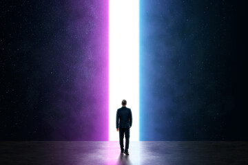 Silhouette of a man in a business suit in front of a glowing neon portal, futuristic background, abstract architecture. - obrazy, fototapety, plakaty