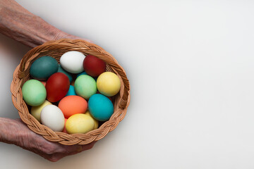 Old, elderly woman holds in her hand a multicolored, painted boiled chicken eggs in a wicker wooden, rustic basket. Traditional elements of a happy Orthodox or Catholic Easter.