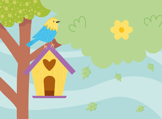 Obraz na płótnie Canvas Spring bird on birdshouse at tree vector design