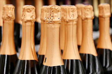Sparkling wine bottles in golden foil for celebration. Champagne in wine store, alcohol industry