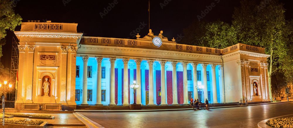 Canvas Prints Panorama of City Hall with evening illumination, Odessa, Ukraine