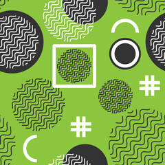 Seamless pattern with simple geometric elements on a green background. Abstract drawing