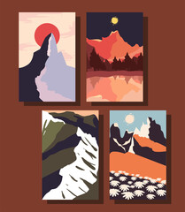 Minimalist landscapes banners icon bundle vector design
